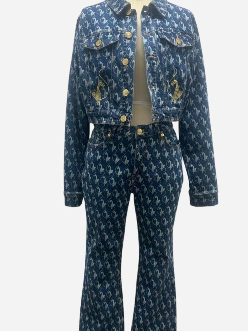 Girls' Dark Blue Denim Jacket with Allover Print Size 3